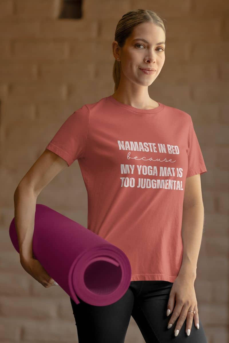 Cozy Yoga T-shirt with a girl hugging a yoga mat posing