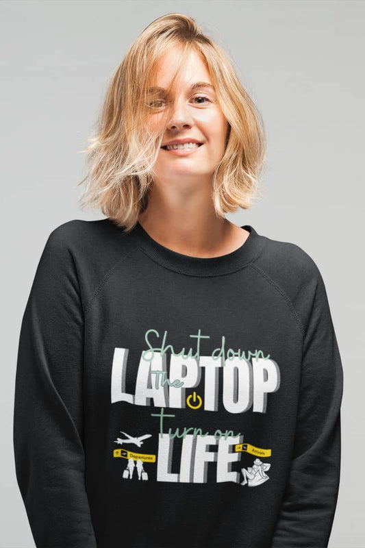 Cozy getaway sweatshirt with a short haired woman smiling while posing