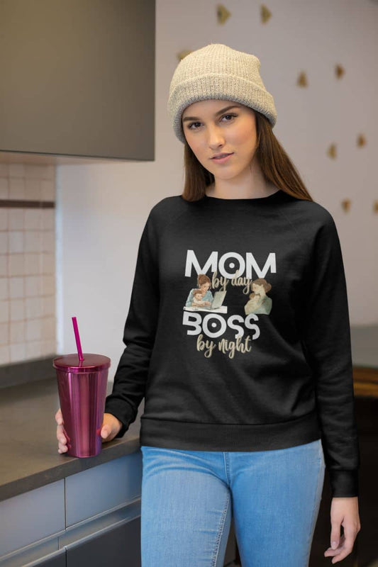 Cozy sweatshirt for moms With the girl in the wool hat holding a glass of water
