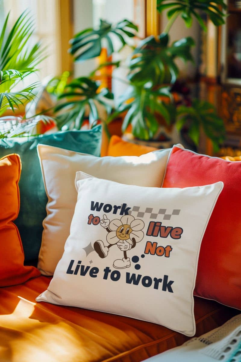 Decorative quote pillow with a decorative pillow with the quote 'Work to Live, Not Live to Work' on a colorful couch with plants in the background
