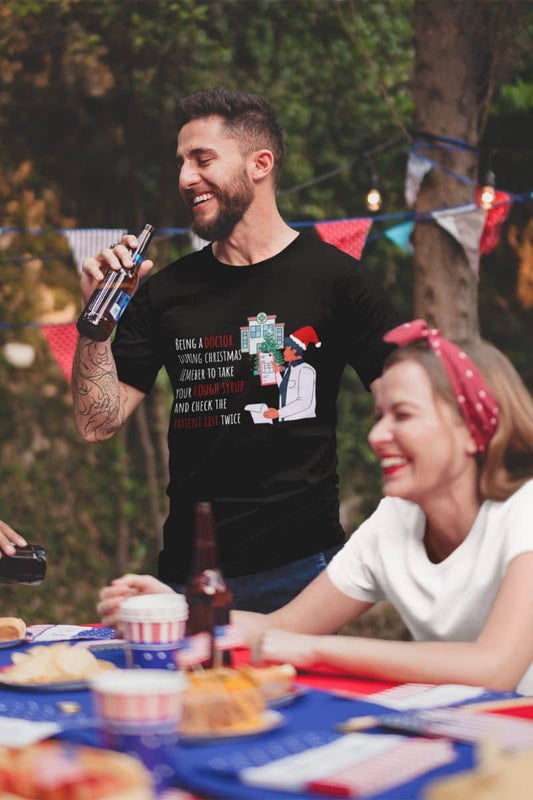 Doctor's Christmas Checklist T-Shirt with a man and a woman laughing happily at an outdoor party