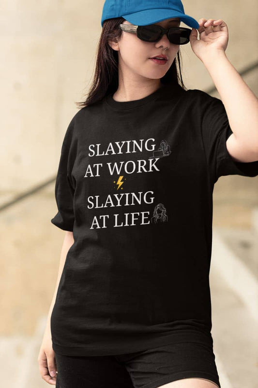 Empowered woman tee with a girl posing with a cap and glasses