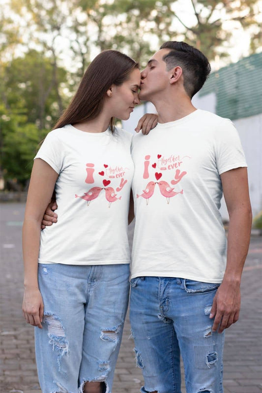 Forever love birds t-shirt with a guy kissing his girlfriend on the forehead