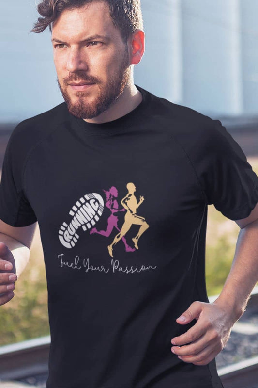 Fuel Your Passion T-Shirt with a man jogging next to the railway tracks