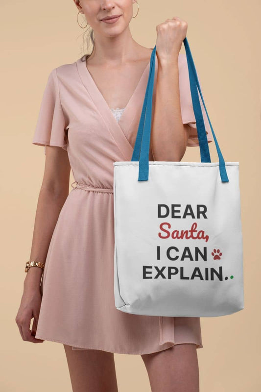 Funny Christmas tote bag with a woman holding a tote bag with text 'Dear Santa, I can explain..' against a beige background