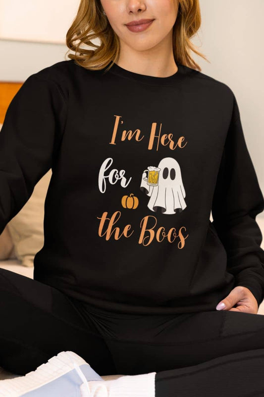 Funny Halloween sweatshirt with a person in a black sweatshirt with Halloween-themed text and graphics.