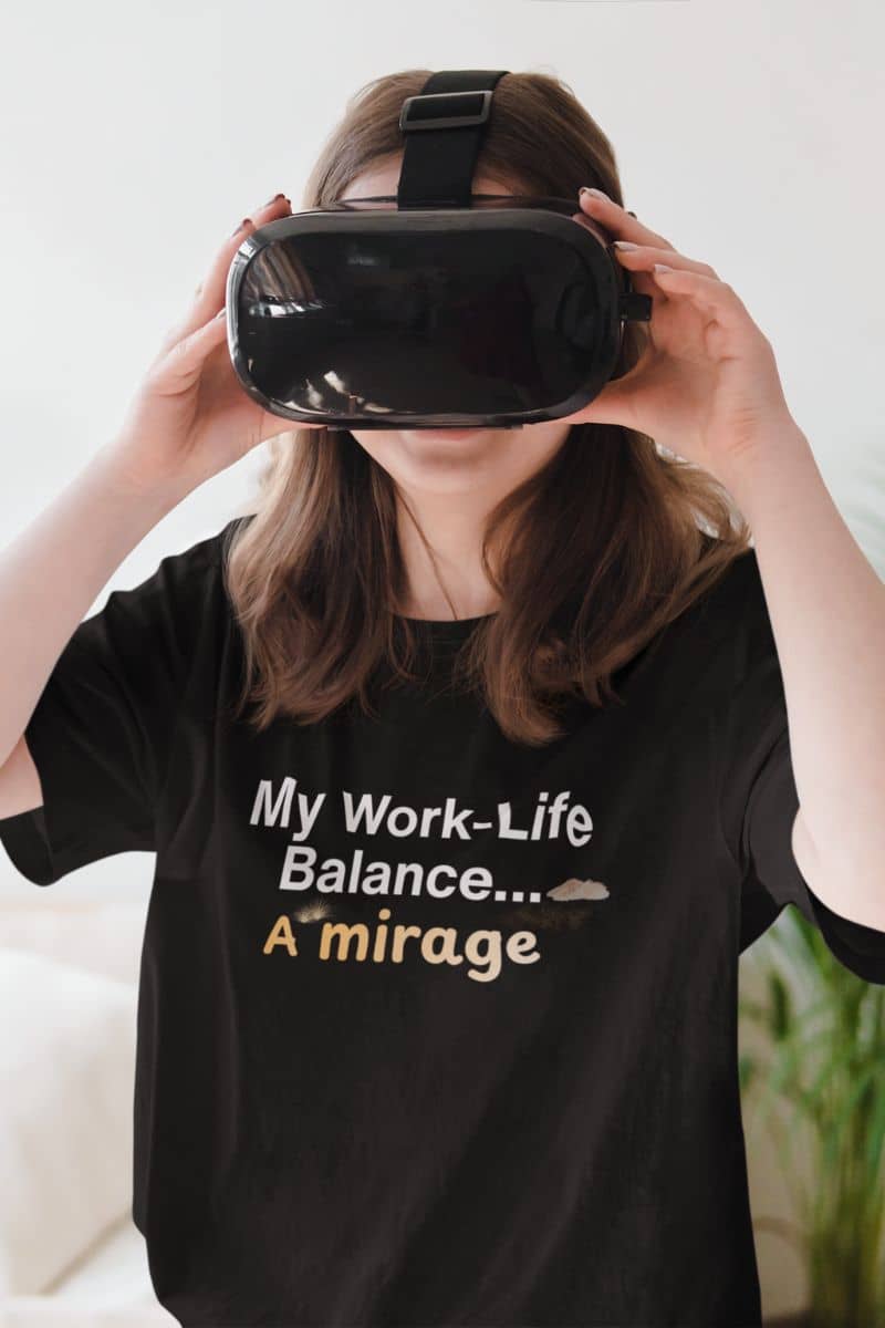 Funny burnout t-shirt with a person wearing a black t-shirt with text and holding a VR headset.