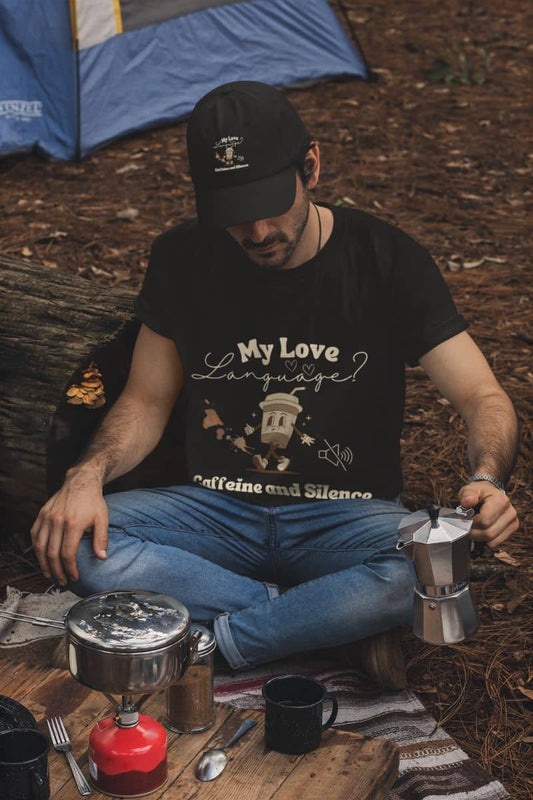 Funny coffee lover t-shirt with a man making coffee while camping