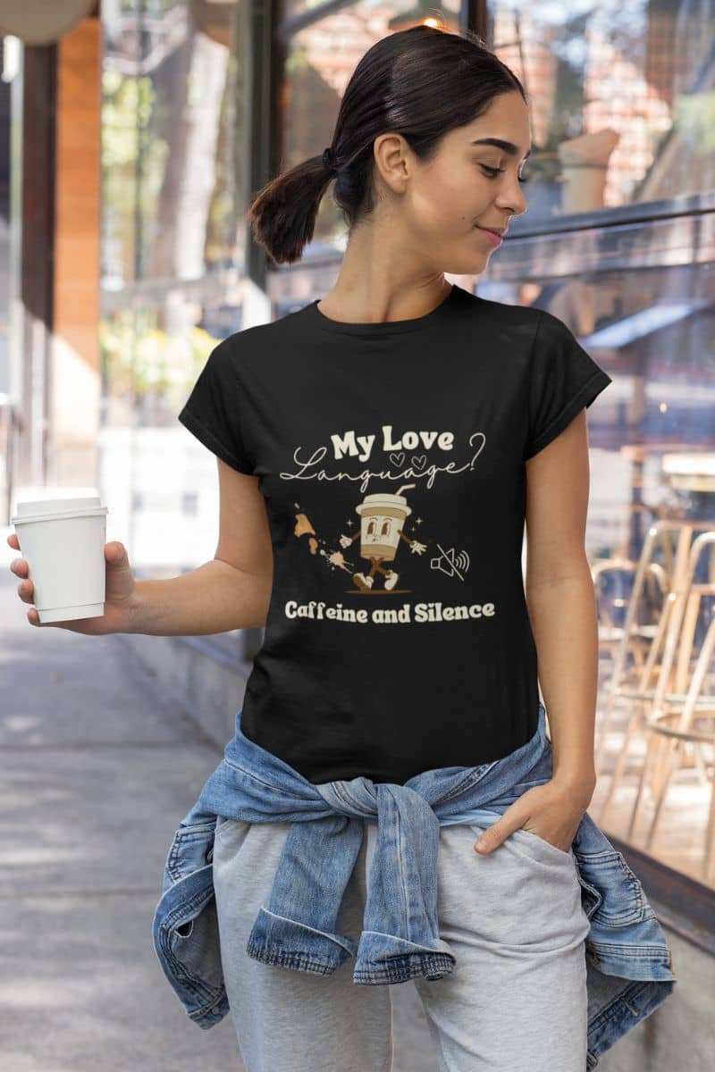 Funny coffee lover t-shirt with a young girl posing with a cup of coffee while walking down the street