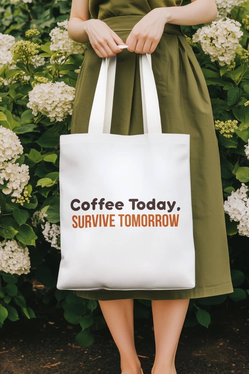 Funny coffee tote with a person holding a white tote bag with text in front of a floral background
