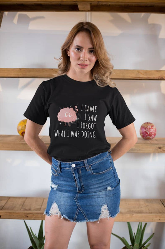 Funny graphic t-shirt with a girl standing posing in front of a display shelf