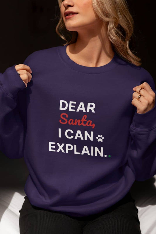 Funny holiday sweatshirt with a person wearing a purple sweatshirt with text 'Dear Santa, I can explain.'