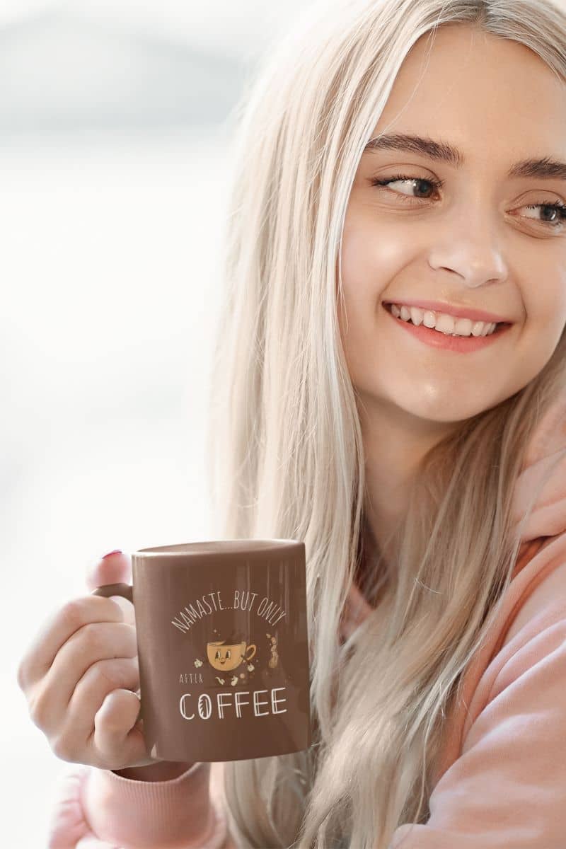 Funny mindful coffee mug with a blonde girl holding a cup of coffee in her hand