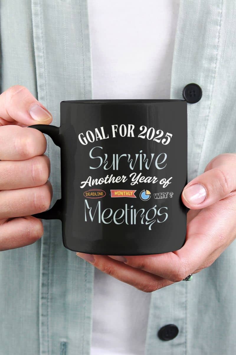 Funny office coffee mug with a girl holding a cup of coffee in front of her chest with both hands