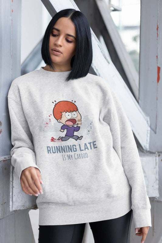 Funny running sweatshirt with the girl leaning against the iron pillar with a sad face looking down at the ground