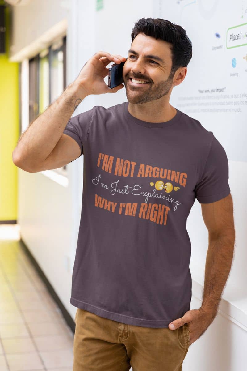 Funny t-shirt for smart thinkers with a guy on the phone with a big smile on his office railing