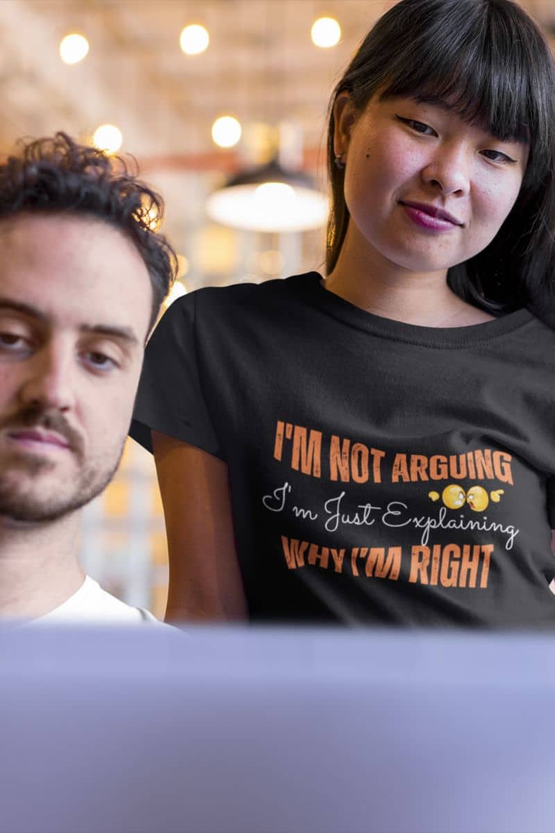 Funny t-shirt for smart thinkers with a girl standing behind her male colleague while looking at the computer screen
