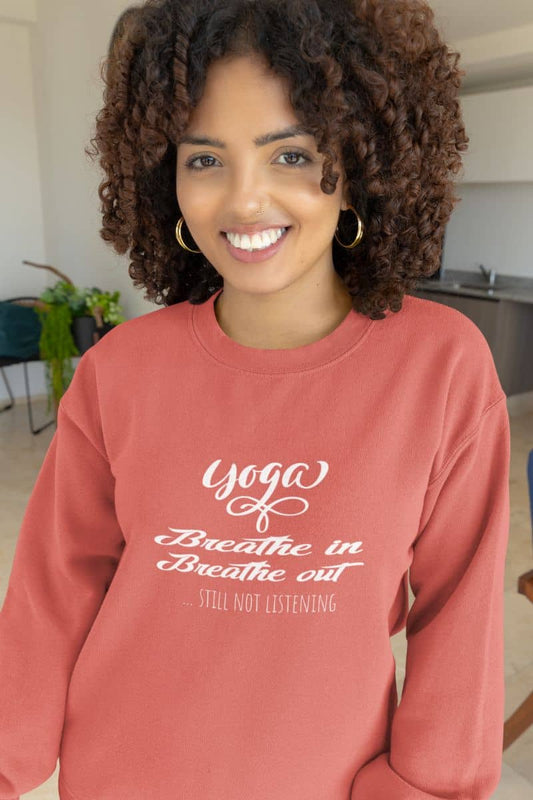 Funny yoga sweatshirt for women with the curly haired girl smiling brightly