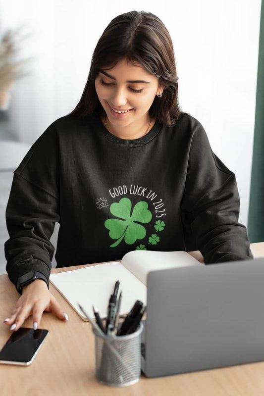 Good luck in 2025 sweatshirt with a girl studying and looking at her phone