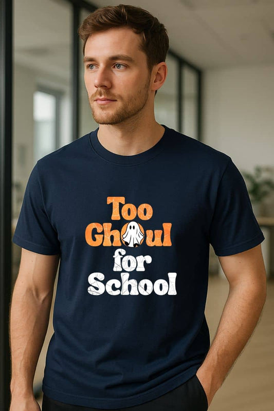 Halloween shirt with a man wearing a navy blue t-shirt with 'Too Ghoul for School' text.