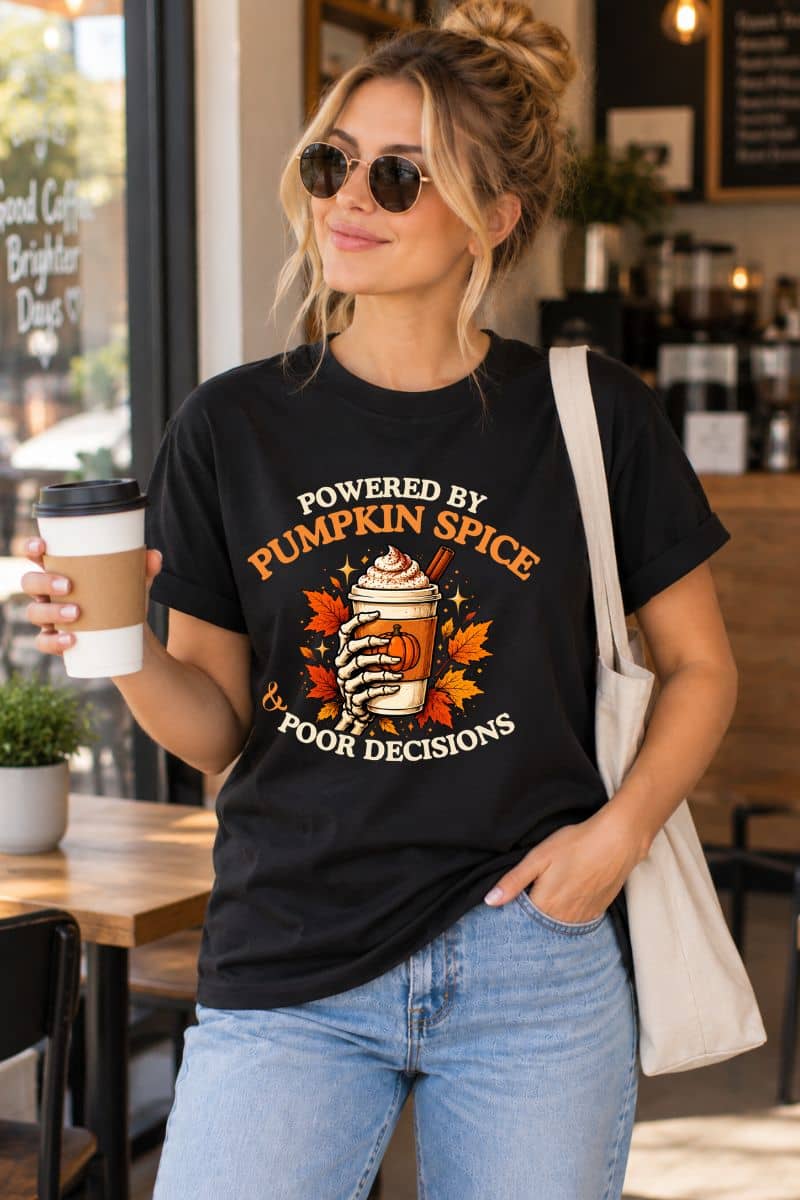 A woman wearing a Halloween shirt with a 'Powered by Pumpkin Spice & Poor Decisions' graphic and a cup of coffee, standing in the coffee shop while holding a cup of coffee