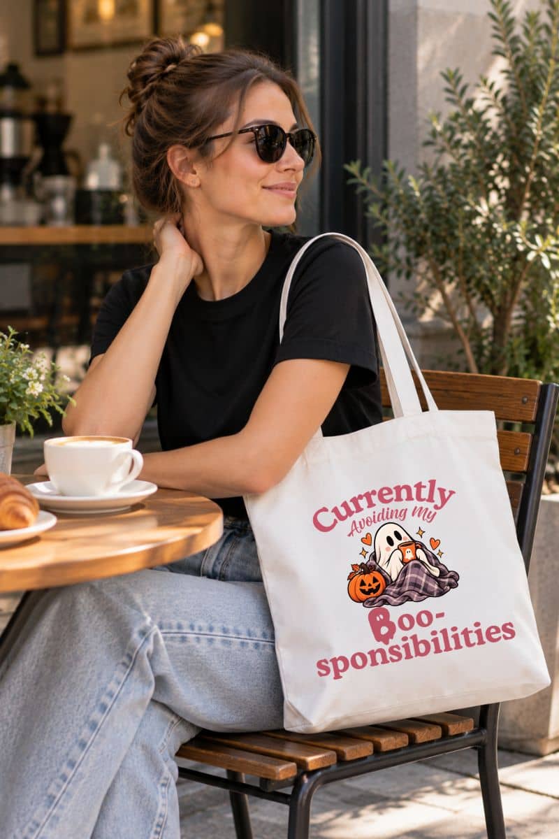 A woman carrying a Halloween tote bag featuring a Halloween graphic and the text 'Currently Avoiding My Boo-sponsibilities', sitting at a cafe table.