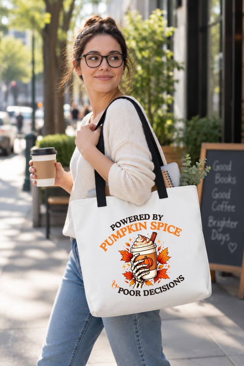 A woman carrying a Halloween tote bag with the text 'Powered by Pumpkin Spice & Poor Decisions', walking outdoors