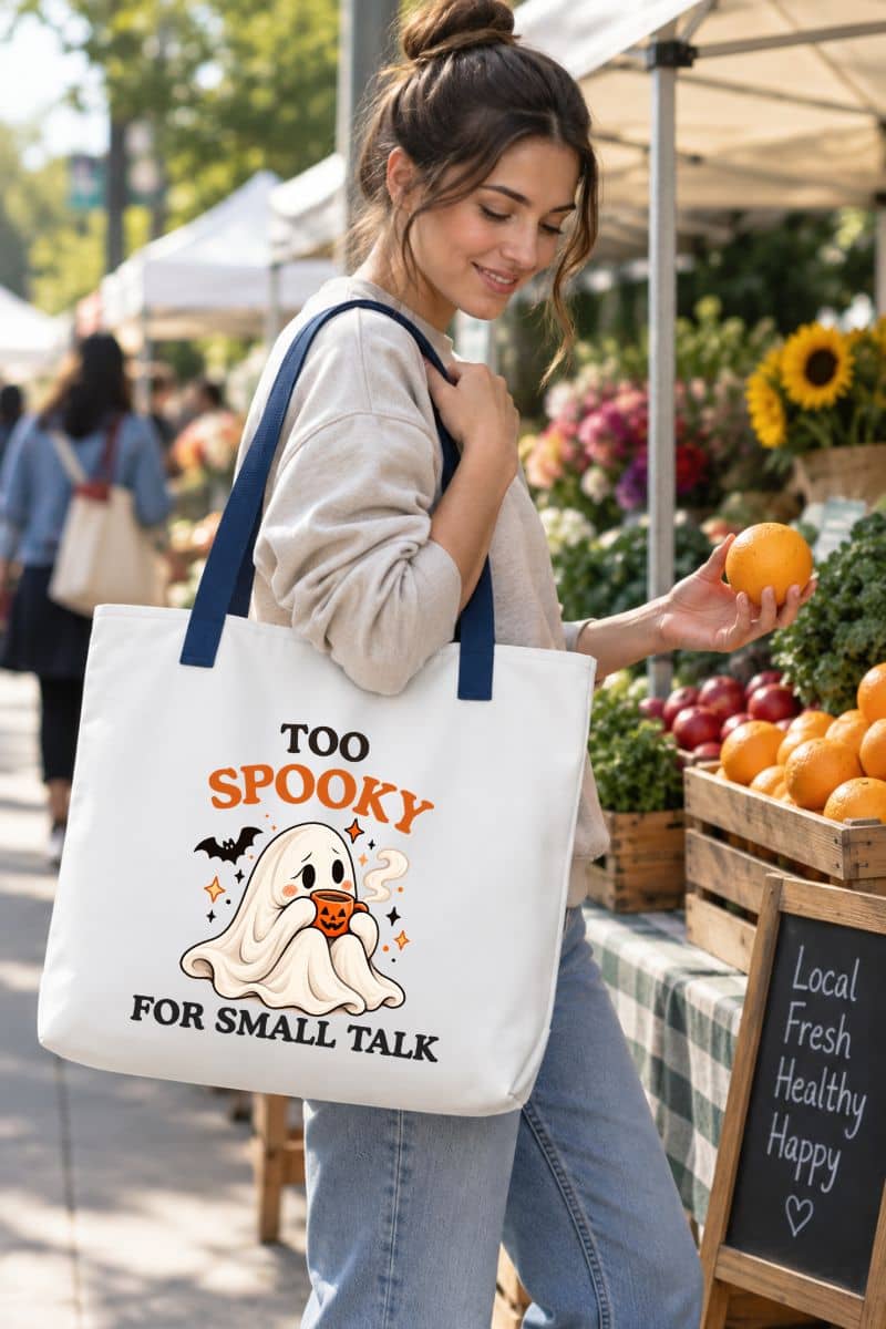 Woman shopping at an outdoor farmers market with a white Halloween tote bag featuring a shy ghost holding a coffee mug.