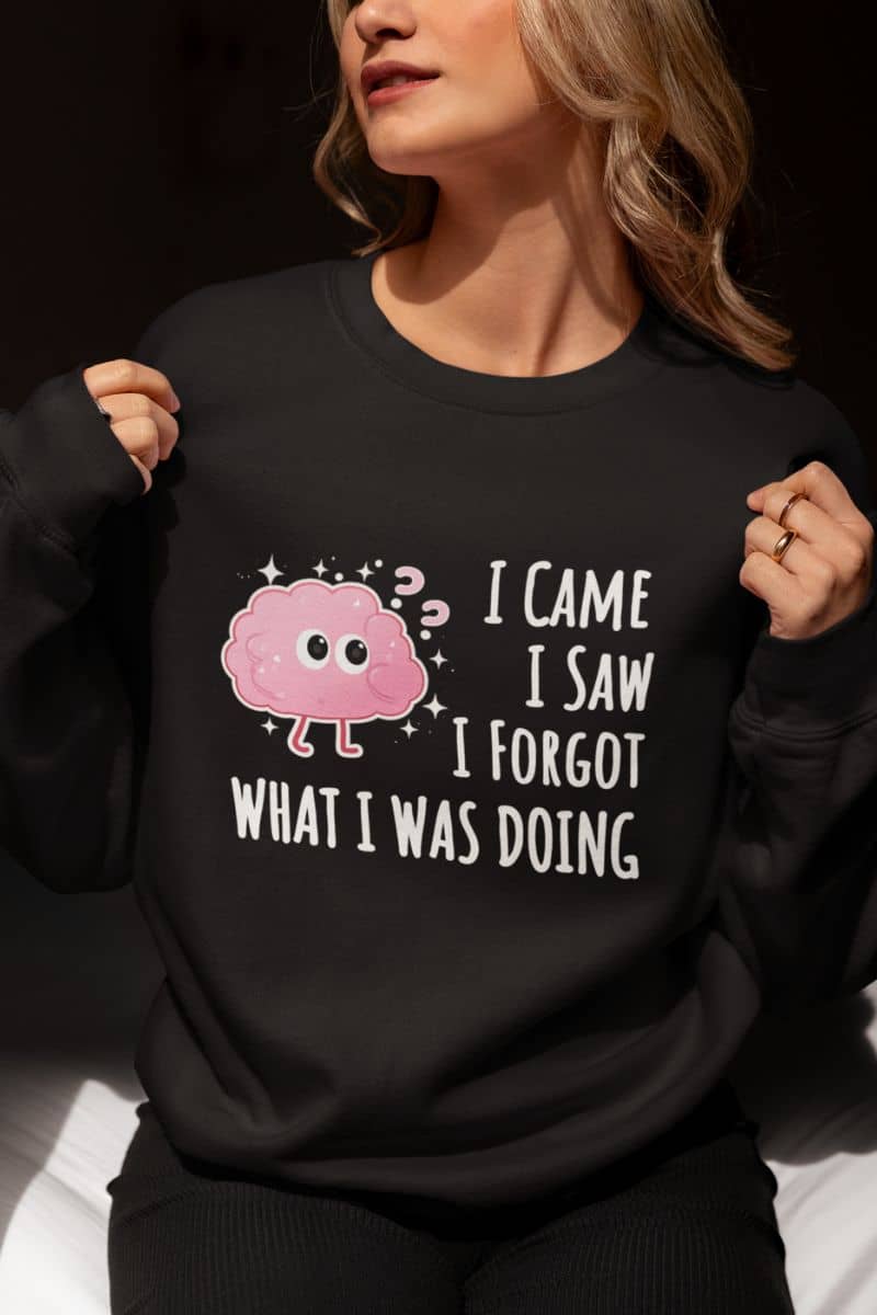 Humorous sweatshirt with a person wearing a black sweatshirt with text 'I came, I saw, I forgot what I was doing'
