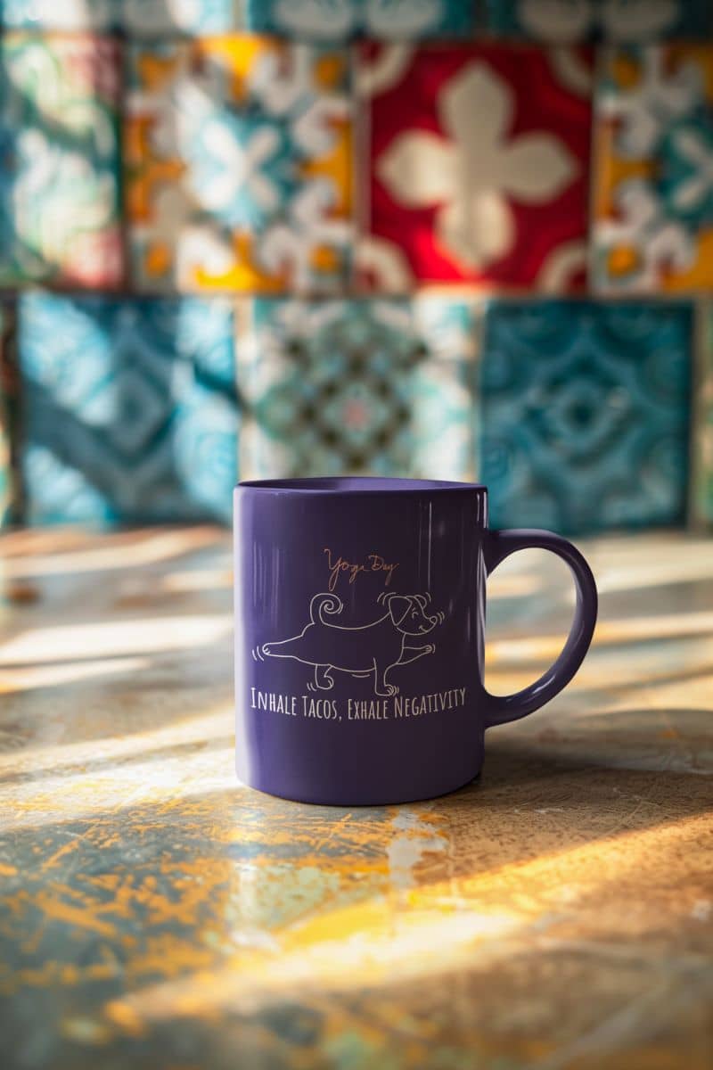 Inhale tacos, exhale negativity yoga mug with a purple cup placed in front of colorful covers