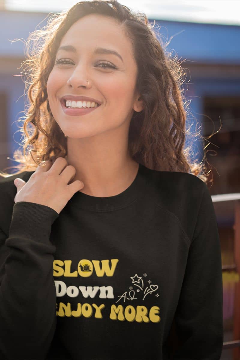 Inspirational pullover sweatshirt with a girl posing on the balcony
