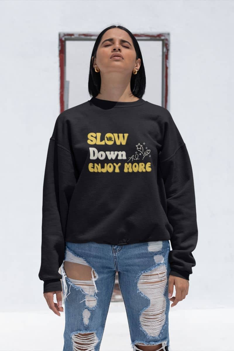 Inspirational pullover sweatshirt  with a short haired girl wearing trendy jeans in front of the office under repair