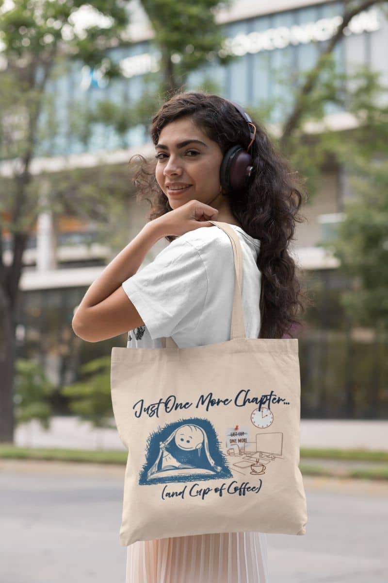 Just one more chapter tote bag with girl walking with tote bag while still wearing headphones on her head