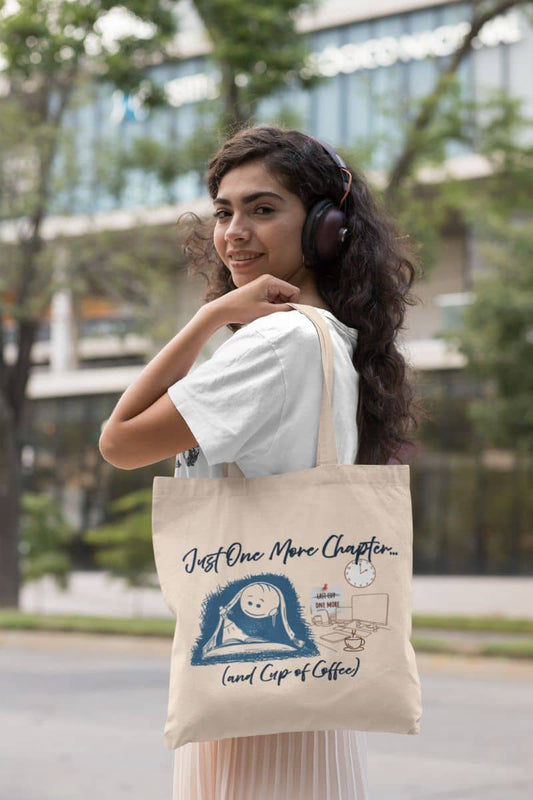 Just one more chapter tote bag with girl walking with tote bag while still wearing headphones on her head