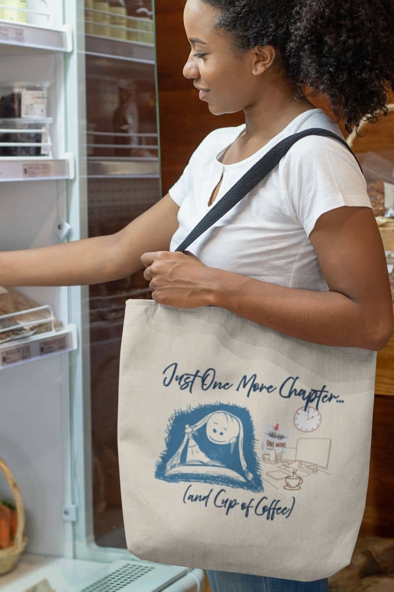 Just one more chapter tote bag with the girl shopping at a grocery store