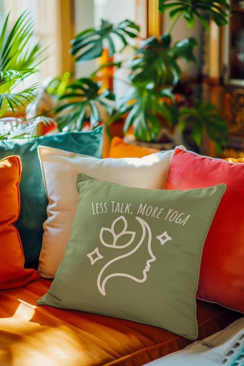 Experience Serenity with the Less Talk More Yoga Pillow with light green color makes the living room more cozy