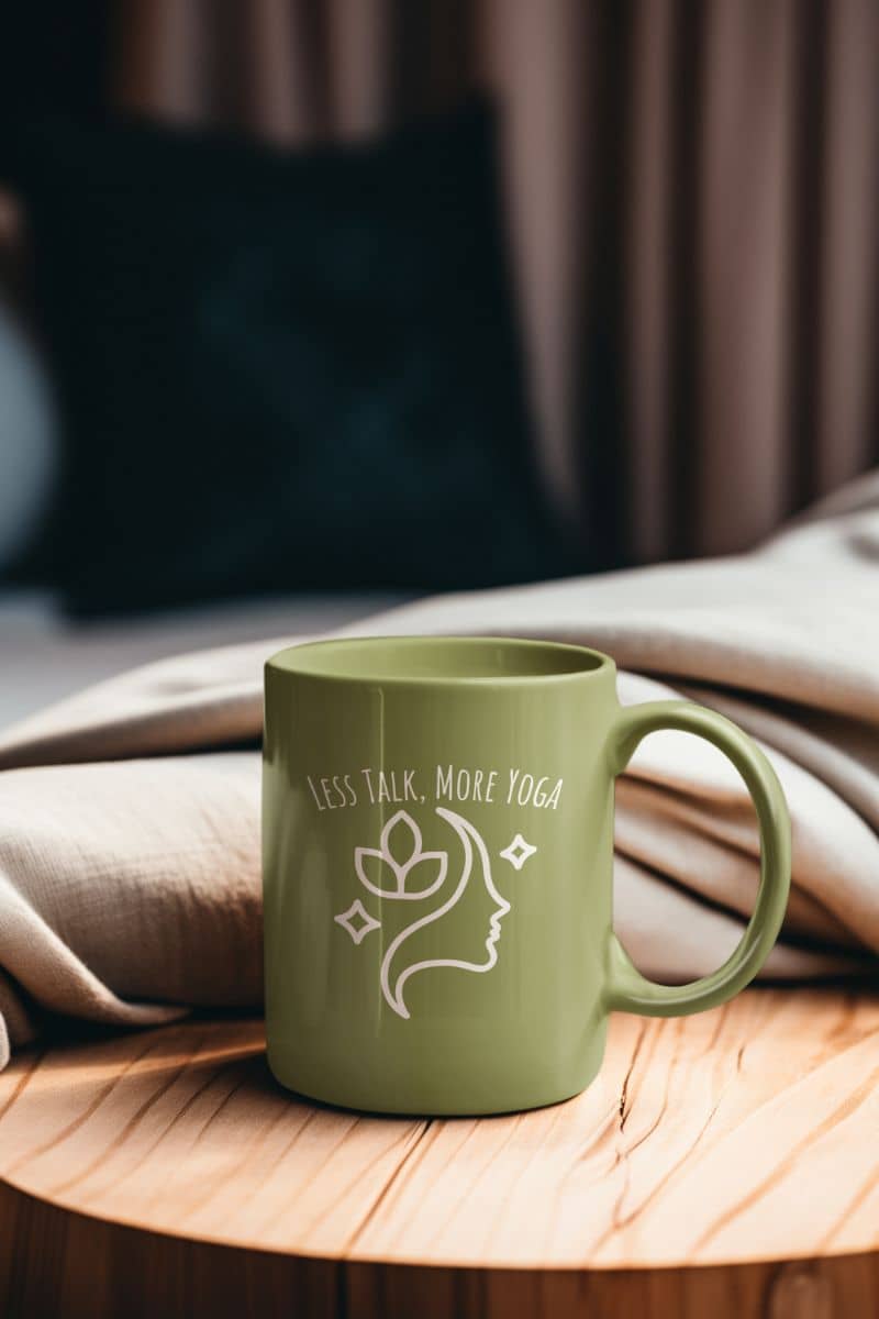 Less talk, more yoga mug with a geen cup