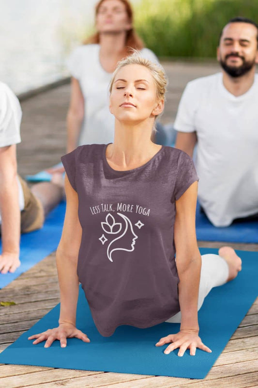 Less talk, more yoga t-shirt with the girl doing yoga with her friends in the yard