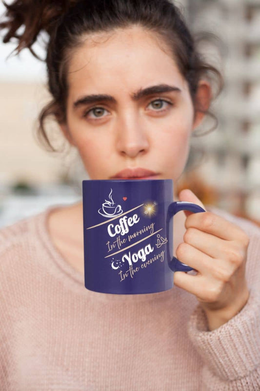 Lifestyle mug with the girl with messy hair holding a cup of coffee in front of her