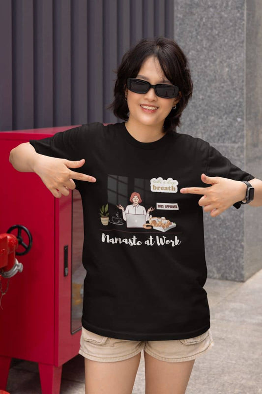 Mindfulness shirt for office workers with the girl standing posing with her hands pointing at herself