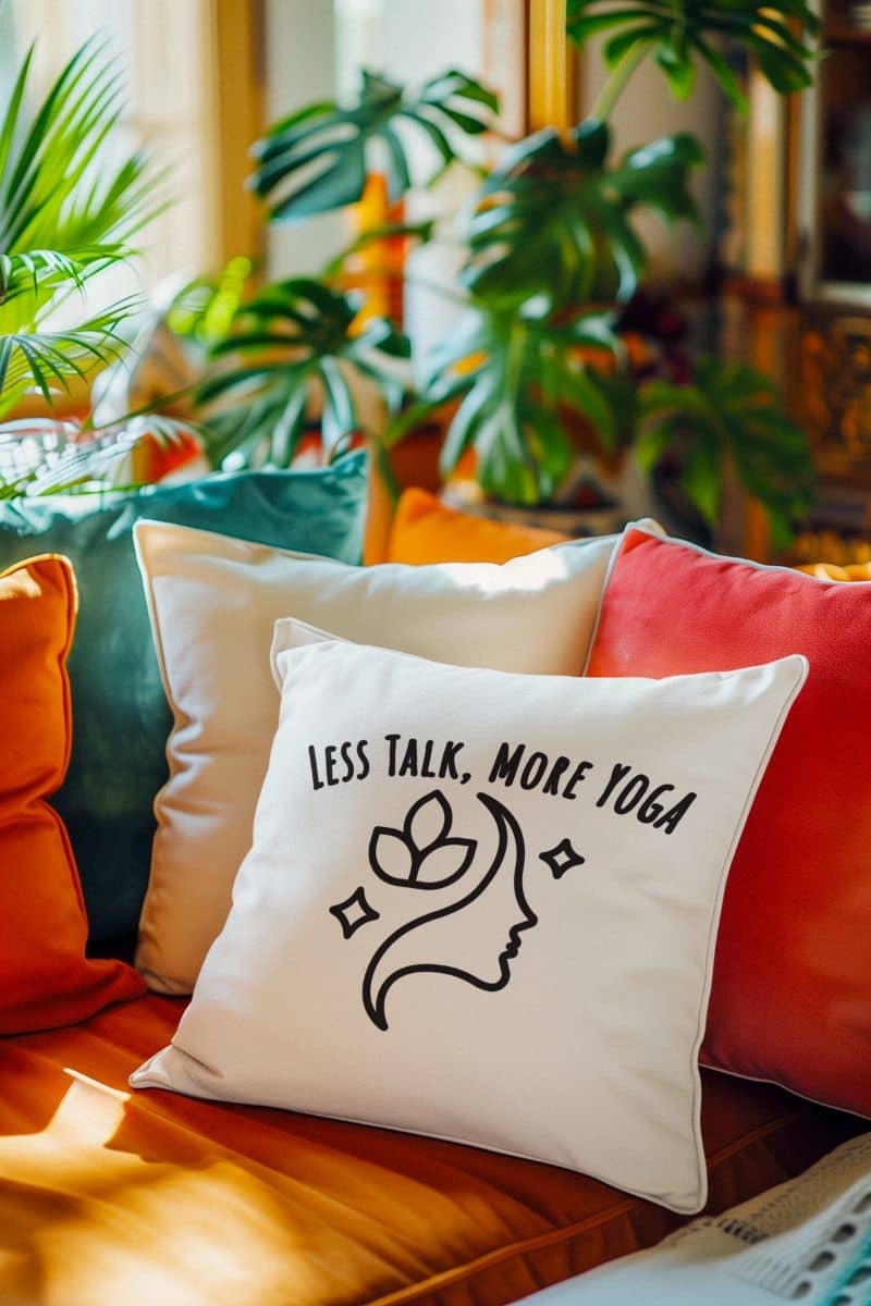 Mindfulness throw pillow with a decorative pillow featuring the text 'Less Talk, More Yoga' on a colorful couch with plants in the background