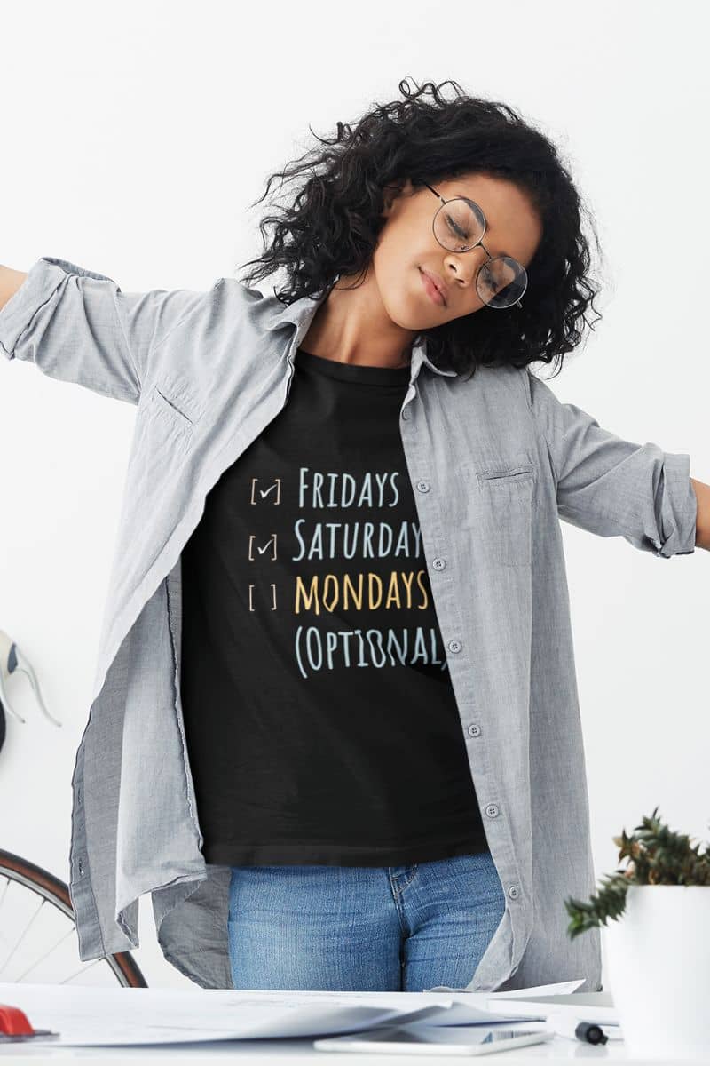 Minimalist funny shirt with a girl stretching and tilting her head to one side in her office