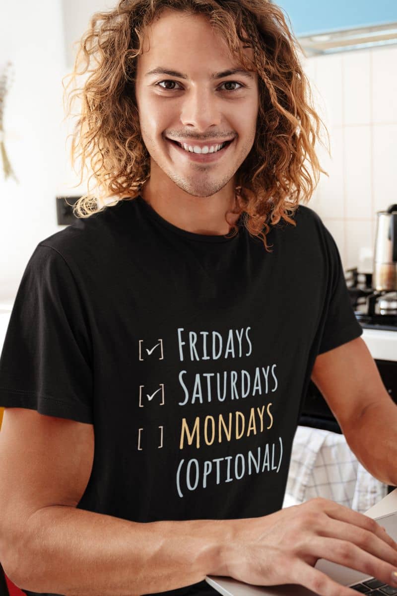 Minimalist funny shirt with a guy sitting working in the kitchen