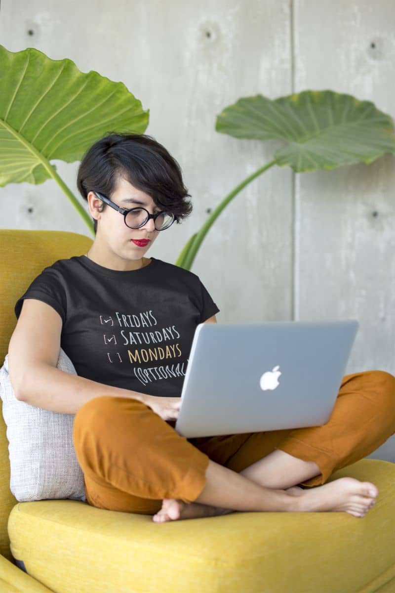Minimalist funny shirt with a girl sitting on the sofa working