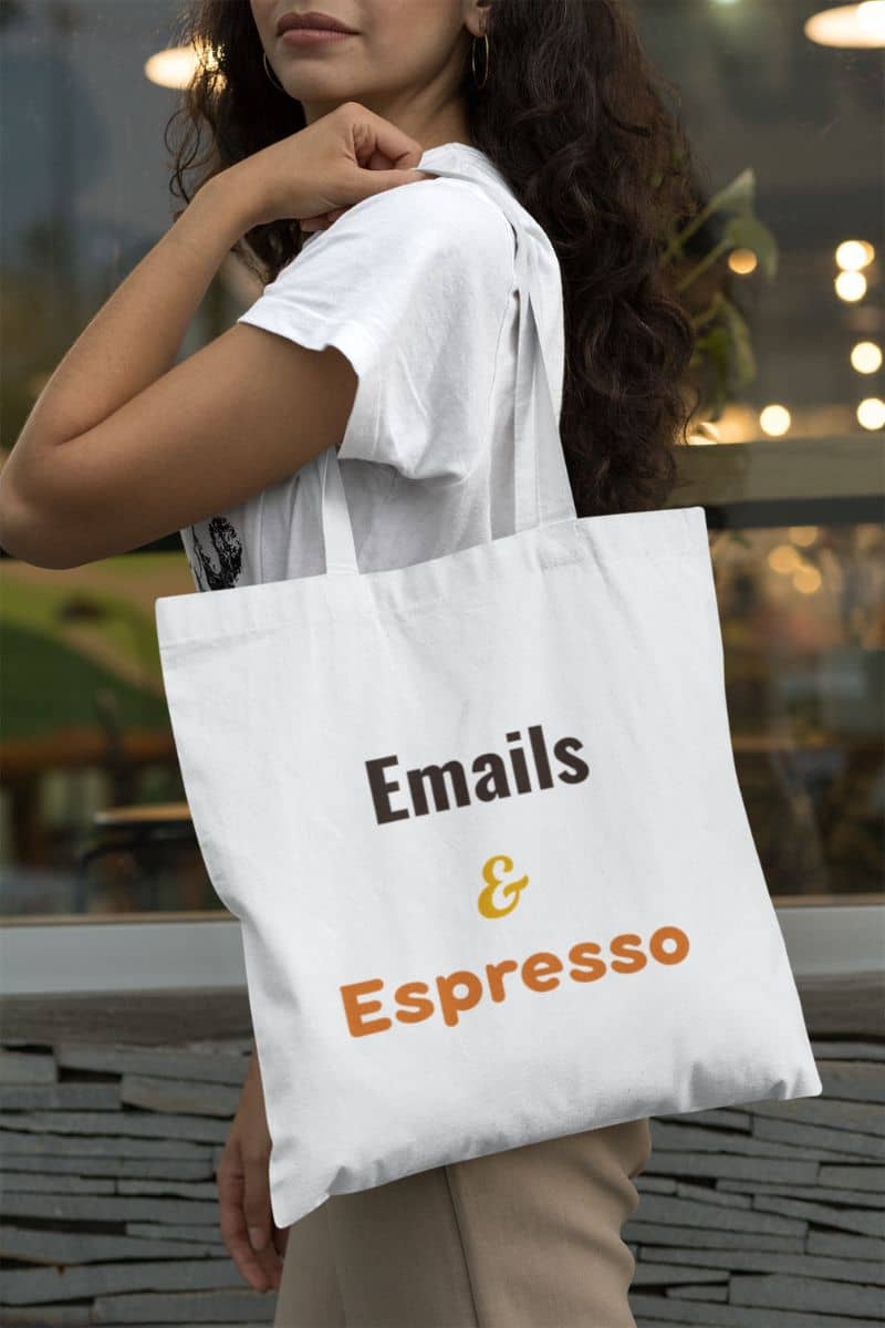 Minimalist work tote with a person holding a tote bag with 'Emails & Espresso' text