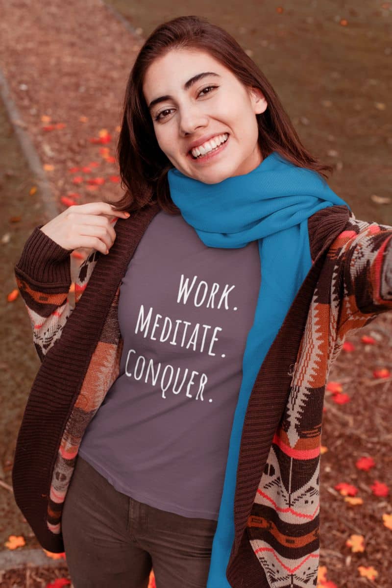 Motivational work mode t-shirt with a girl taking a selfie with a bright smile