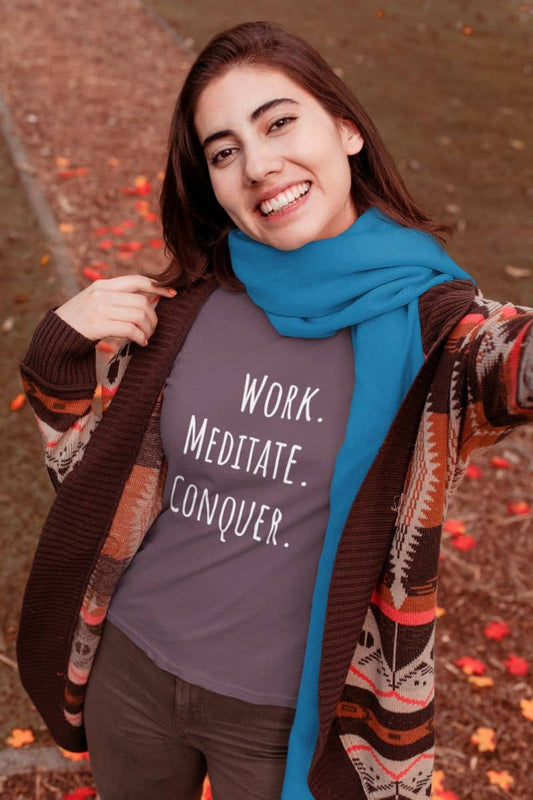Motivational work mode t-shirt with a girl taking a selfie with a bright smile