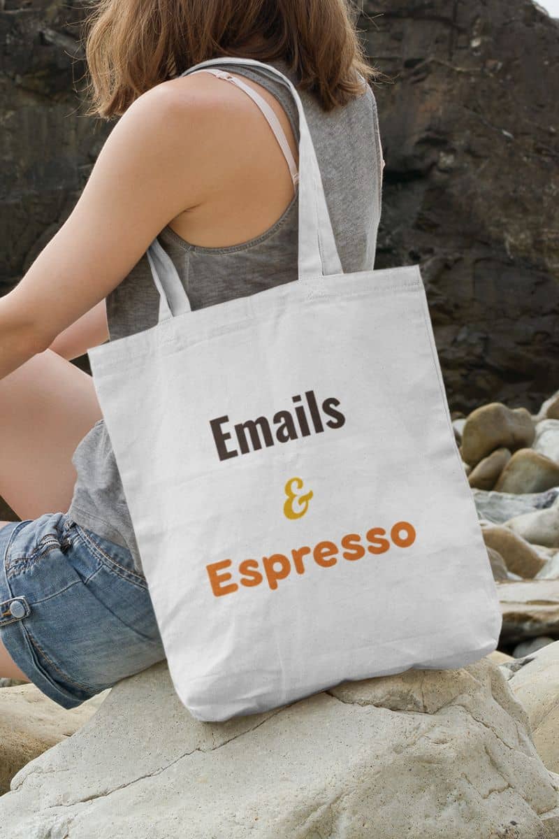 Office essentials tote with a person sitting on rocks with a tote bag that says 'Emails & Espresso'