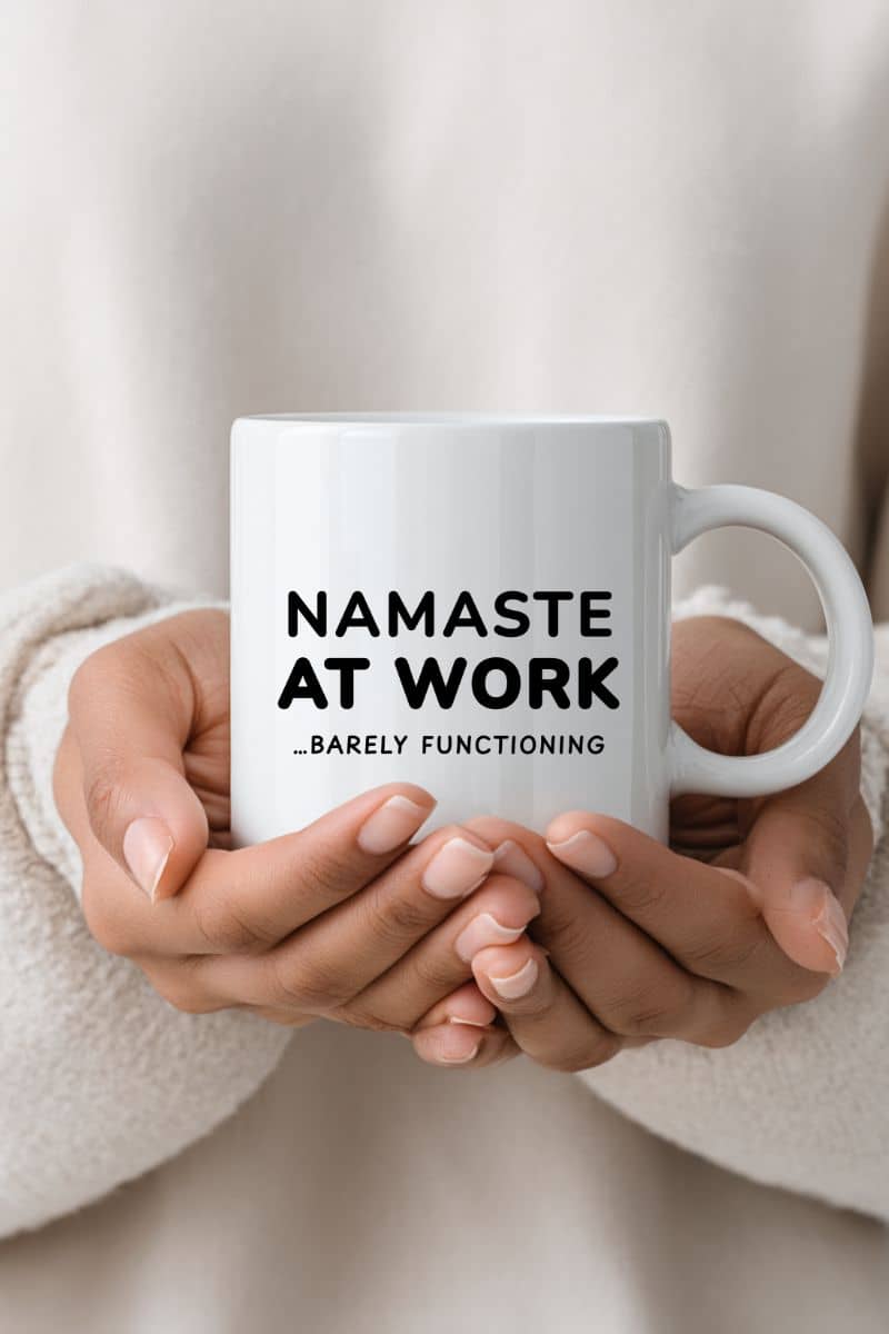 Office humor mugs with a person holding a white mug with 'Namaste at Work...Barely Functioning' text.