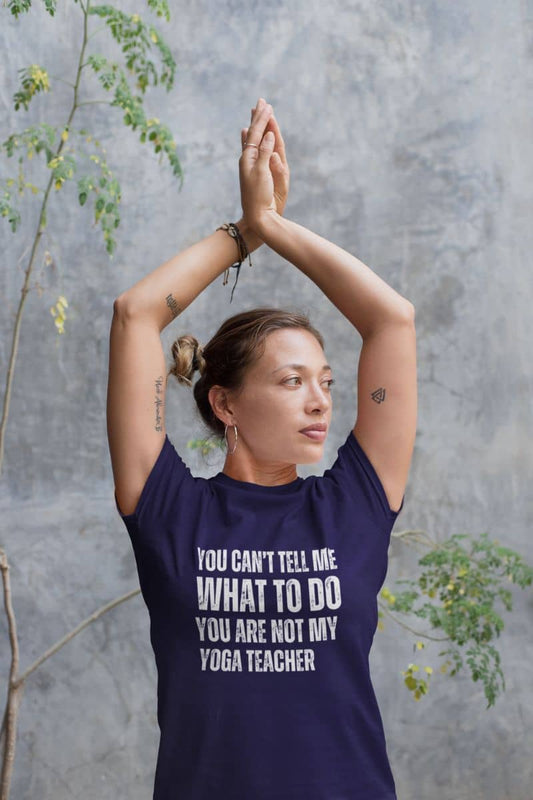 Playful yoga T-shirt with yoga teacher doing yoga pose in yoga class